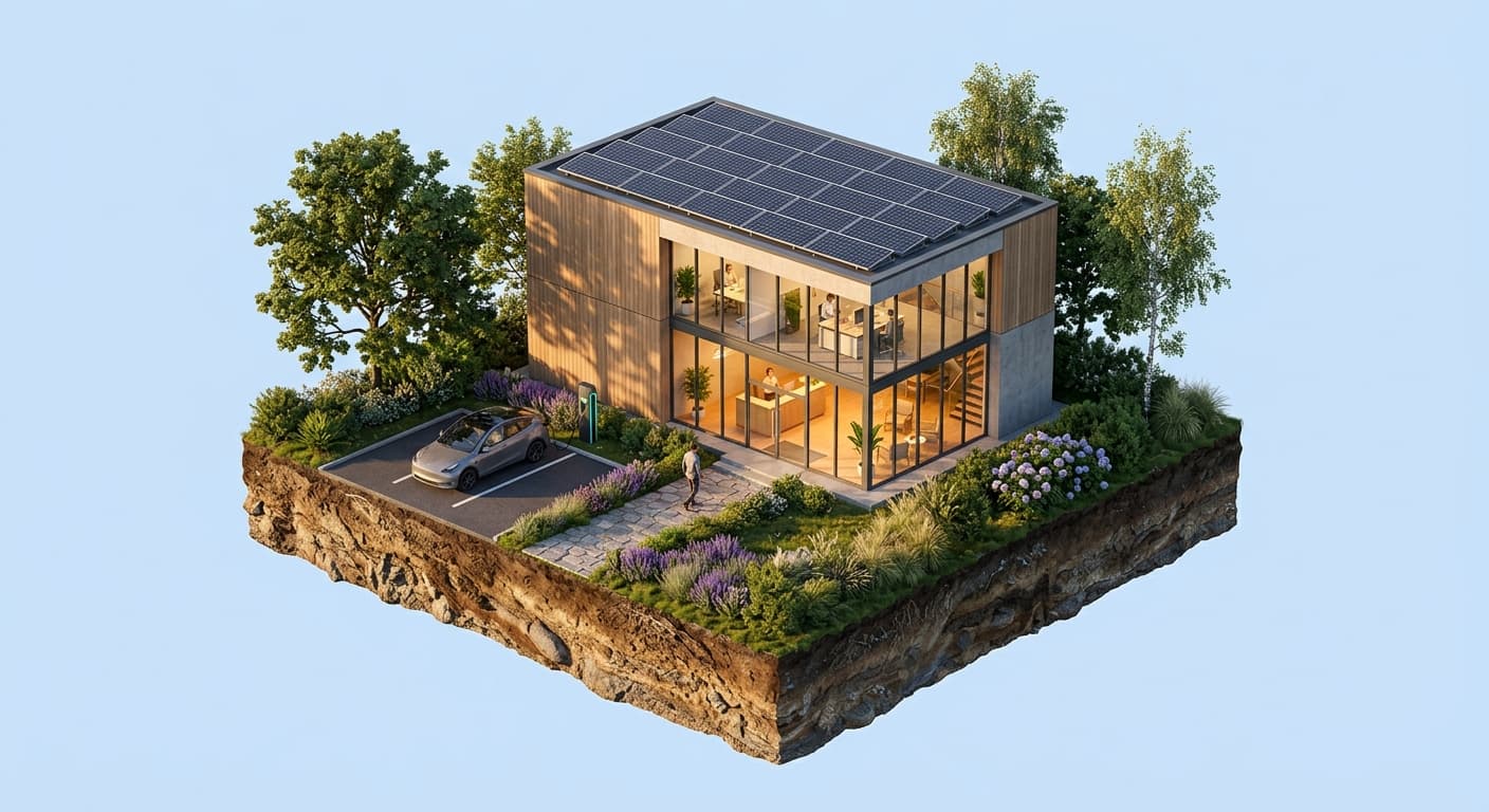 Sediul GreenLead — birou modern cu panouri fotovoltaice